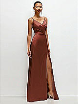 Side View Thumbnail - Auburn Moon Pleated Faux Wrap Satin Maxi Dress with Adjustable Spaghetti Straps