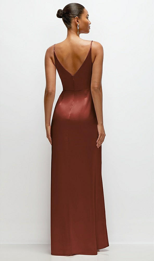 Back View - Auburn Moon Pleated Faux Wrap Satin Maxi Dress with Adjustable Spaghetti Straps