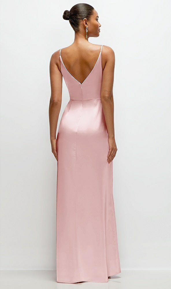 Back View - Ballet Pink Pleated Faux Wrap Satin Maxi Dress with Adjustable Spaghetti Straps