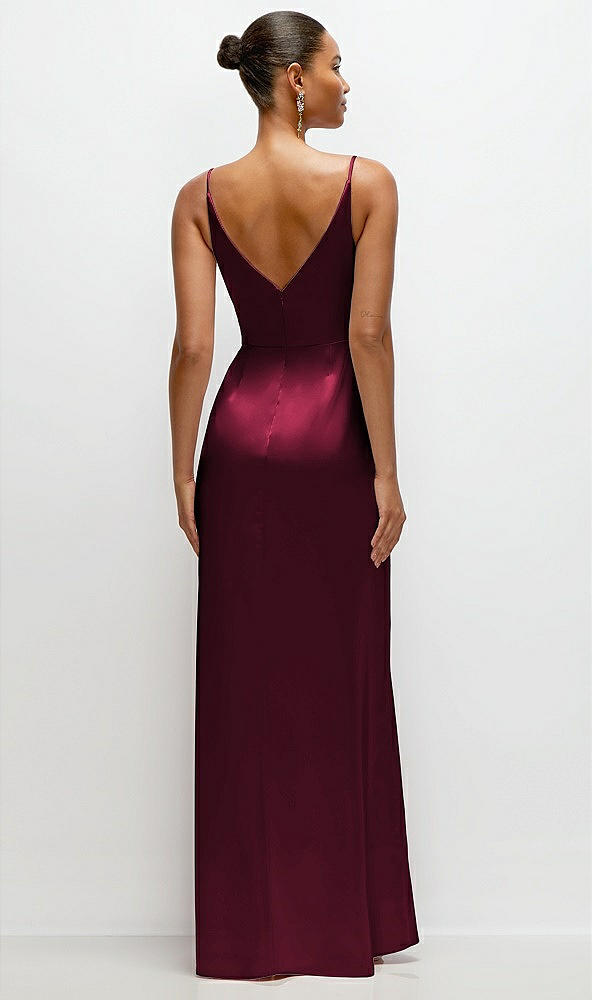 Back View - Cabernet Pleated Faux Wrap Satin Maxi Dress with Adjustable Spaghetti Straps