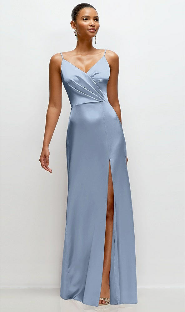 Front View - Cloudy Pleated Faux Wrap Satin Maxi Dress with Adjustable Spaghetti Straps