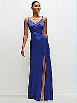 Front View Thumbnail - Cobalt Blue Pleated Faux Wrap Satin Maxi Dress with Adjustable Spaghetti Straps