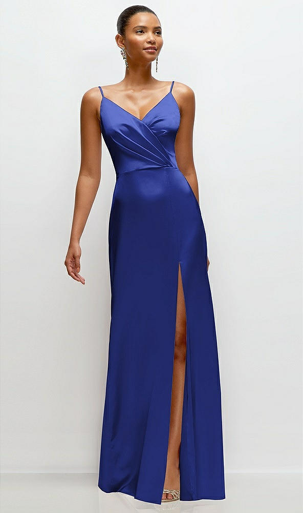 Front View - Cobalt Blue Pleated Faux Wrap Satin Maxi Dress with Adjustable Spaghetti Straps