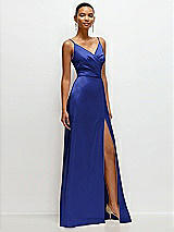 Side View Thumbnail - Cobalt Blue Pleated Faux Wrap Satin Maxi Dress with Adjustable Spaghetti Straps