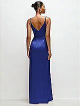 Rear View Thumbnail - Cobalt Blue Pleated Faux Wrap Satin Maxi Dress with Adjustable Spaghetti Straps