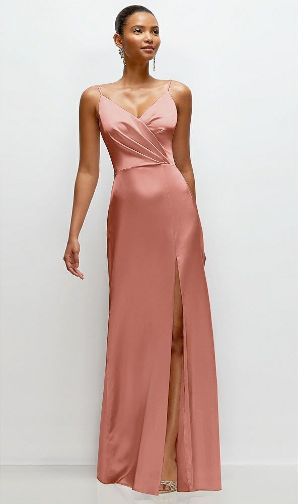 Front View - Desert Rose Pleated Faux Wrap Satin Maxi Dress with Adjustable Spaghetti Straps