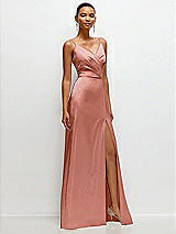 Side View Thumbnail - Desert Rose Pleated Faux Wrap Satin Maxi Dress with Adjustable Spaghetti Straps