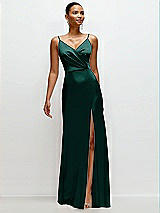 Front View Thumbnail - Evergreen Pleated Faux Wrap Satin Maxi Dress with Adjustable Spaghetti Straps