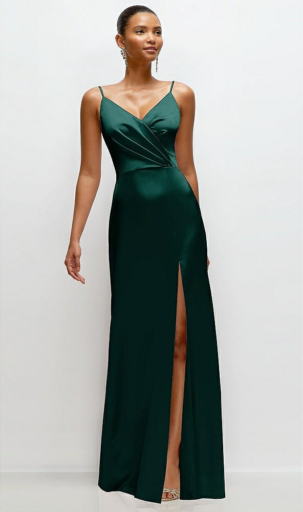 Front View - Evergreen Pleated Faux Wrap Satin Maxi Dress with Adjustable Spaghetti Straps