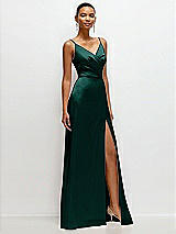 Side View Thumbnail - Evergreen Pleated Faux Wrap Satin Maxi Dress with Adjustable Spaghetti Straps