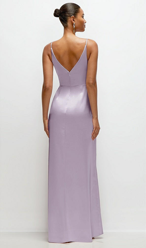 Back View - Lilac Haze Pleated Faux Wrap Satin Maxi Dress with Adjustable Spaghetti Straps