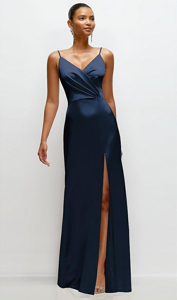 Front View - Midnight Navy Pleated Faux Wrap Satin Maxi Dress with Adjustable Spaghetti Straps