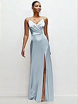 Front View Thumbnail - Mist Pleated Faux Wrap Satin Maxi Dress with Adjustable Spaghetti Straps