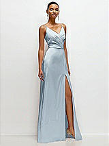 Side View Thumbnail - Mist Pleated Faux Wrap Satin Maxi Dress with Adjustable Spaghetti Straps