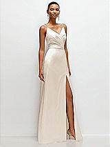 Side View Thumbnail - Oat Pleated Faux Wrap Satin Maxi Dress with Adjustable Spaghetti Straps