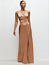 Front View Thumbnail - Toffee Pleated Faux Wrap Satin Maxi Dress with Adjustable Spaghetti Straps