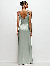 Rear View Thumbnail - Willow Green Pleated Faux Wrap Satin Maxi Dress with Adjustable Spaghetti Straps