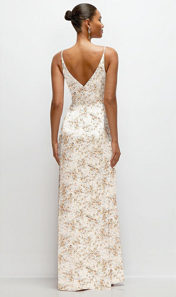 Back View - Golden Hour Floral Pleated Faux Wrap Satin Maxi Dress with Adjustable Spaghetti Straps