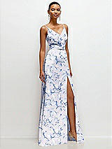 Side View Thumbnail - Magnolia Sky Floral Pleated Faux Wrap Satin Maxi Dress with Adjustable Spaghetti Straps