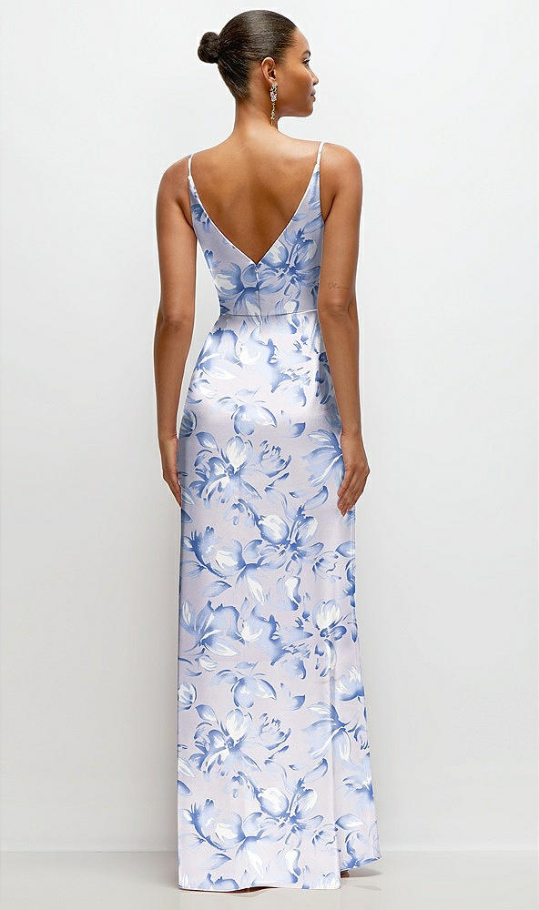 Back View - Magnolia Sky Floral Pleated Faux Wrap Satin Maxi Dress with Adjustable Spaghetti Straps