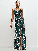 Front View Thumbnail - Vintage Primrose Evergreen Floral Pleated Faux Wrap Satin Maxi Dress with Adjustable Spaghetti Straps