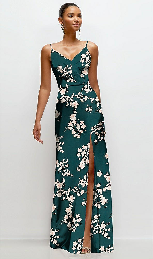 Front View - Vintage Primrose Evergreen Floral Pleated Faux Wrap Satin Maxi Dress with Adjustable Spaghetti Straps