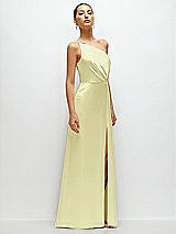 Side View Thumbnail - Butter Yellow Pleated One-Shoulder Satin Maxi Dress with A-Line Skirt