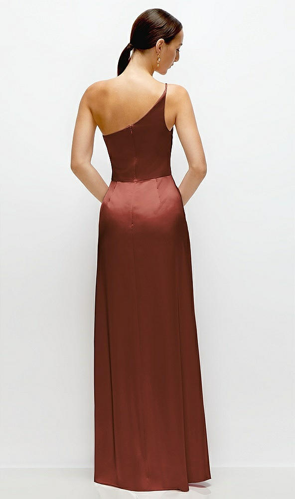 Back View - Auburn Moon Pleated One-Shoulder Satin Maxi Dress with A-Line Skirt