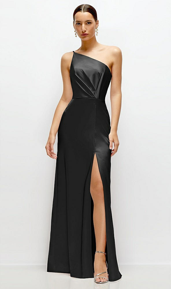 Front View - Black Pleated One-Shoulder Satin Maxi Dress with A-Line Skirt