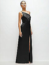 Side View Thumbnail - Black Pleated One-Shoulder Satin Maxi Dress with A-Line Skirt