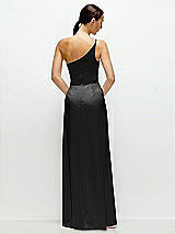 Rear View Thumbnail - Black Pleated One-Shoulder Satin Maxi Dress with A-Line Skirt