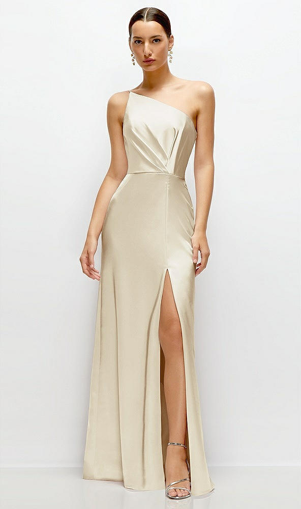 Front View - Champagne Pleated One-Shoulder Satin Maxi Dress with A-Line Skirt