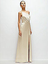 Side View Thumbnail - Champagne Pleated One-Shoulder Satin Maxi Dress with A-Line Skirt