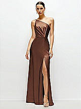 Front View Thumbnail - Cognac Pleated One-Shoulder Satin Maxi Dress with A-Line Skirt