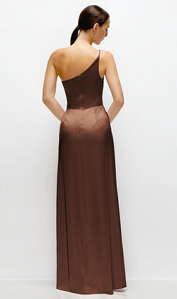 Back View - Cognac Pleated One-Shoulder Satin Maxi Dress with A-Line Skirt