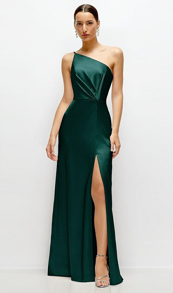 Front View - Evergreen Pleated One-Shoulder Satin Maxi Dress with A-Line Skirt