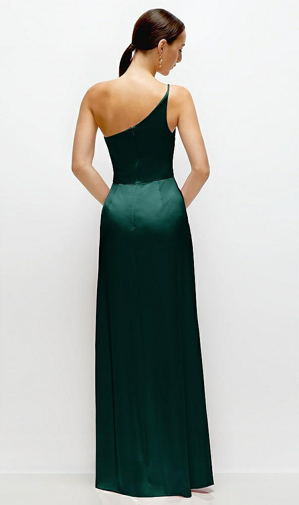 Back View - Evergreen Pleated One-Shoulder Satin Maxi Dress with A-Line Skirt