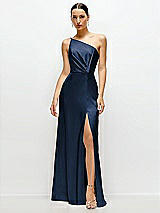 Front View Thumbnail - Midnight Navy Pleated One-Shoulder Satin Maxi Dress with A-Line Skirt