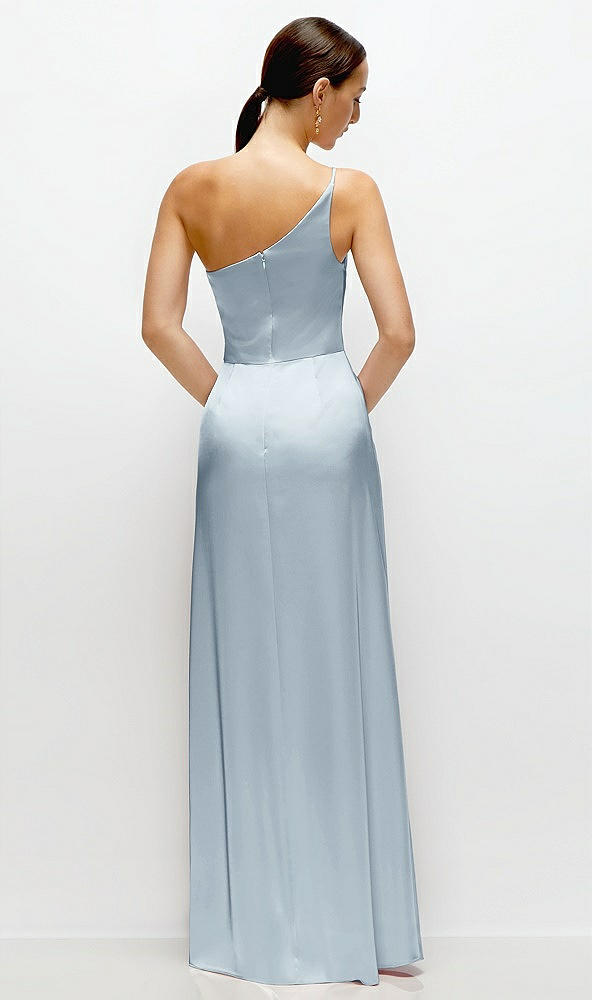 Back View - Mist Pleated One-Shoulder Satin Maxi Dress with A-Line Skirt