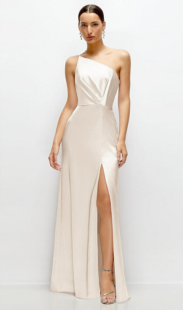 Front View - Oat Pleated One-Shoulder Satin Maxi Dress with A-Line Skirt