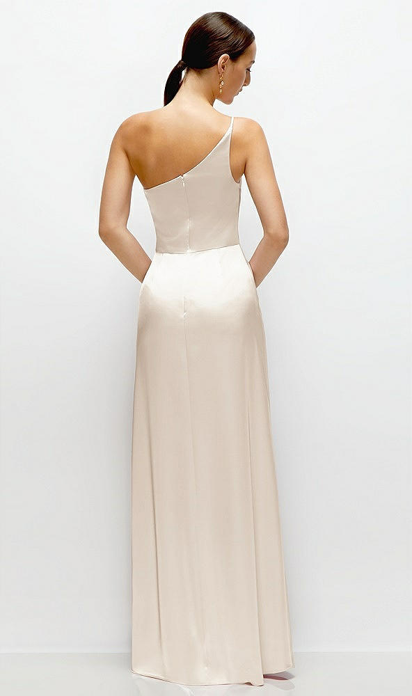 Back View - Oat Pleated One-Shoulder Satin Maxi Dress with A-Line Skirt