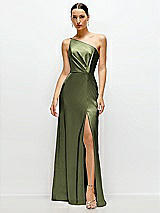 Front View Thumbnail - Olive Green Pleated One-Shoulder Satin Maxi Dress with A-Line Skirt