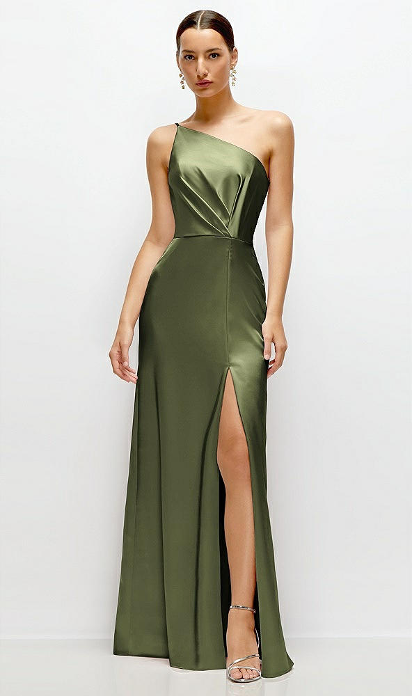 Front View - Olive Green Pleated One-Shoulder Satin Maxi Dress with A-Line Skirt