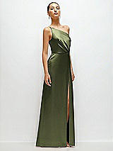 Side View Thumbnail - Olive Green Pleated One-Shoulder Satin Maxi Dress with A-Line Skirt