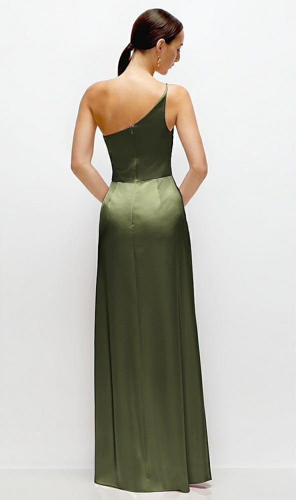 Back View - Olive Green Pleated One-Shoulder Satin Maxi Dress with A-Line Skirt