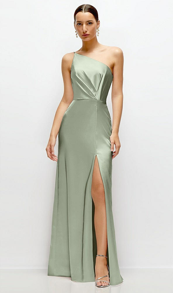 Front View - Sage Pleated One-Shoulder Satin Maxi Dress with A-Line Skirt