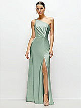 Front View Thumbnail - Seagrass Pleated One-Shoulder Satin Maxi Dress with A-Line Skirt