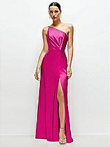 Front View Thumbnail - Think Pink Pleated One-Shoulder Satin Maxi Dress with A-Line Skirt