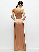 Rear View Thumbnail - Toffee Pleated One-Shoulder Satin Maxi Dress with A-Line Skirt