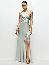 Front View Thumbnail - Willow Green Pleated One-Shoulder Satin Maxi Dress with A-Line Skirt